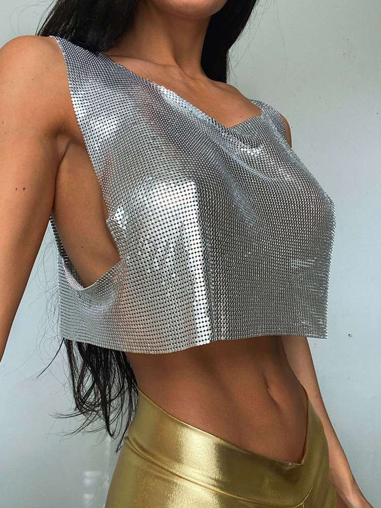 Women's Tanks Camis Sexy Metal Sequin Tank Top For Women y2k Summer Beach Backless Crop Top Rave Festival Club Outfits Camisole 230705