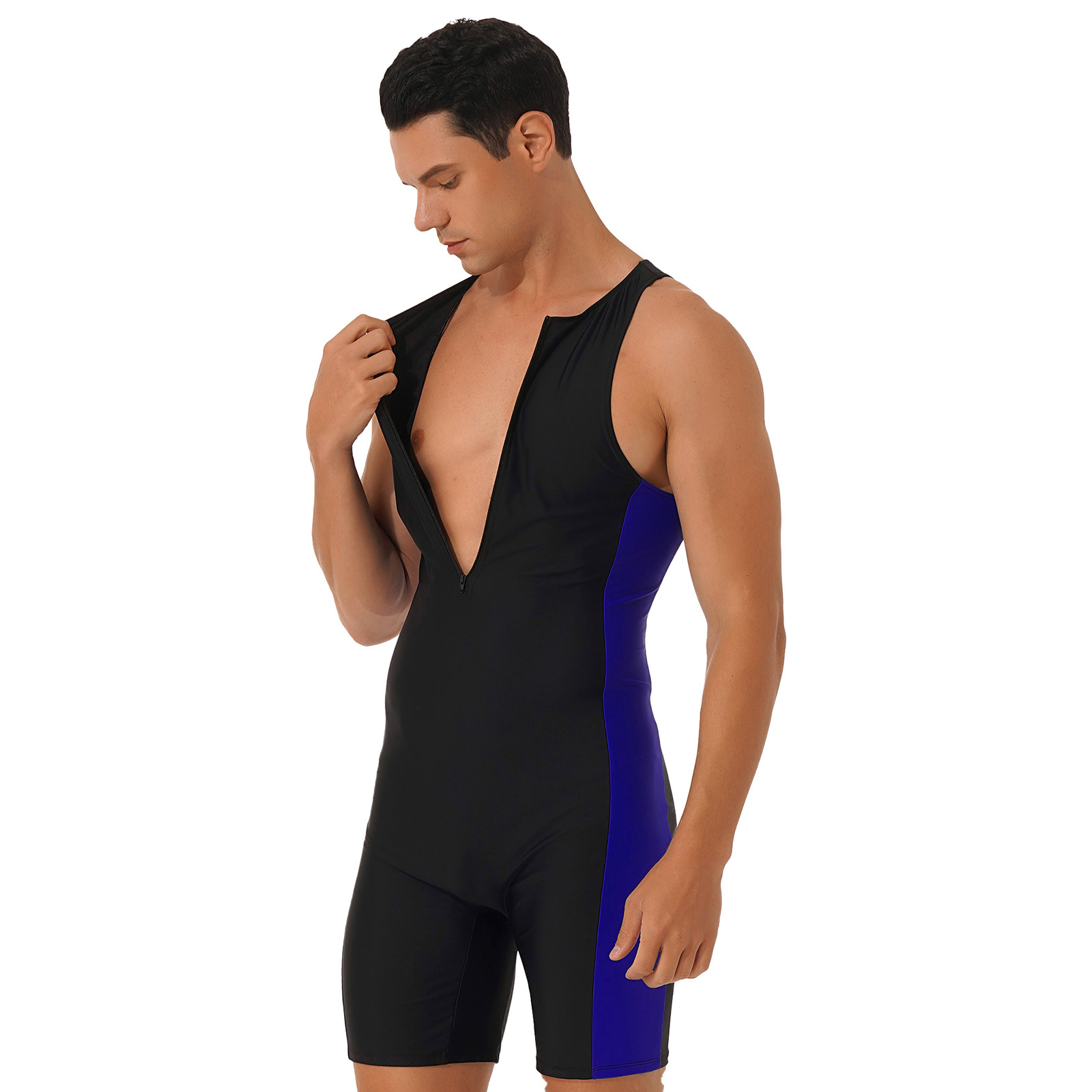 Men's Swimwear onepiece swimsuit sleeveless zipper color contrast patch work side shorts Skintight garment Triathlon swimming pool bathing surfin