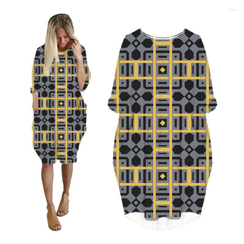Casual Dresses For Women Geometric Plus Size Long Sleeve Fashion Grunge Woman Clothes Streetwear Oversized Ladies Clothing Female Dress