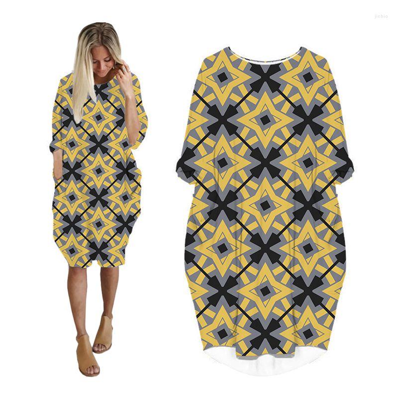 Casual Dresses For Women Geometric Plus Size Long Sleeve Fashion Grunge Woman Clothes Streetwear Oversized Ladies Clothing Female Dress