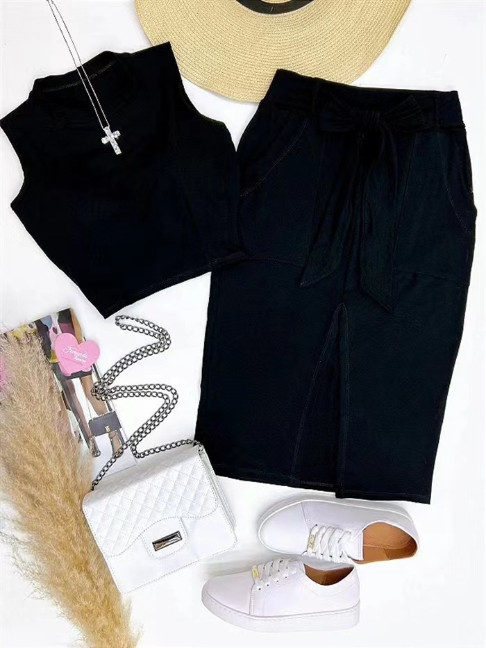 Two Piece Dress Tow Piceses Outfits for Women Fashion Solid Color Sleeveless Crop Tops Casual Belt Skirt Set Streetwear Female Clothing 230705