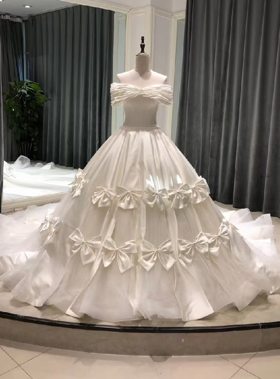 White Tulle Satin Off the Shoulder Wedding Dresses princess bow beaded pearls church royal bridal gown vestido de noiva