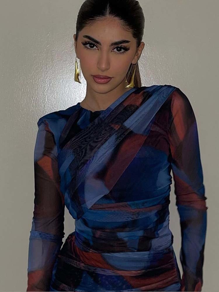 Two Piece Dress KLKXMYT TRAF Women 2 Pieces Sets Fashion Silk Net Print Blouse Tops High Waist Pleat Midi Skirt Set Womens Outfits 230705 - view 4