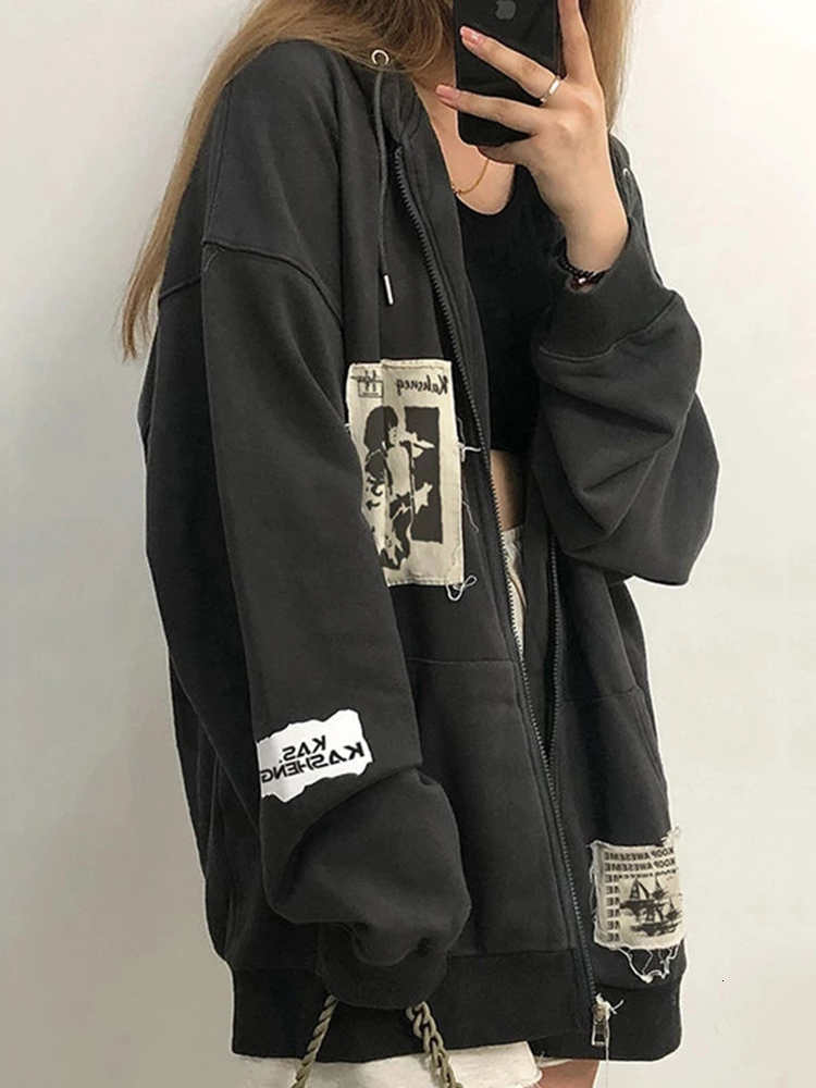 Womens Hoodies Sweatshirts street brown graffiti print zip vintage tops hoodie sweatshirts hoodies kawaii Blouse grunge y2k Clothes Autumn jackets 230