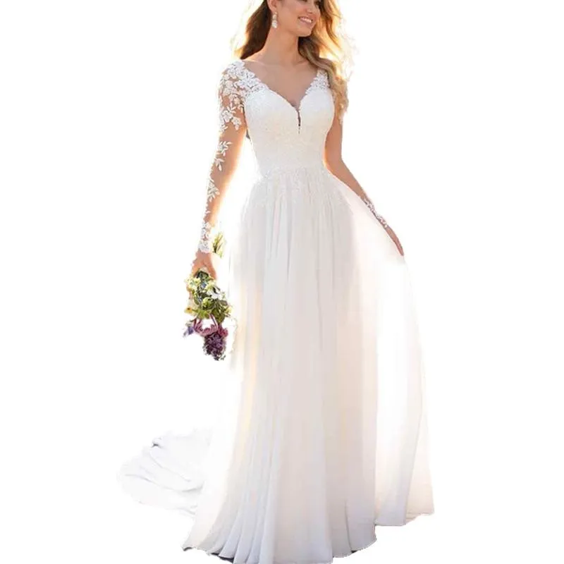 Bohemian New Chiffon A E Wedding Dresses Long Train Bridal Gowns Appliques Lace Sleeve White V Neck Boho Beach Bride Dress Vestidos De Novia Robes ppl