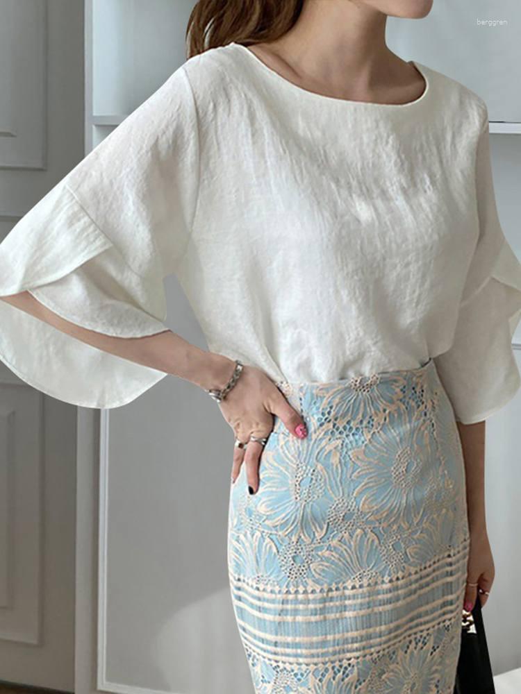 Women's Casual Solid Color Flare Sleeve Blouse Tops For Summer - Polyester, Round Neck, Casual, Loose Fit, Bohemian Style