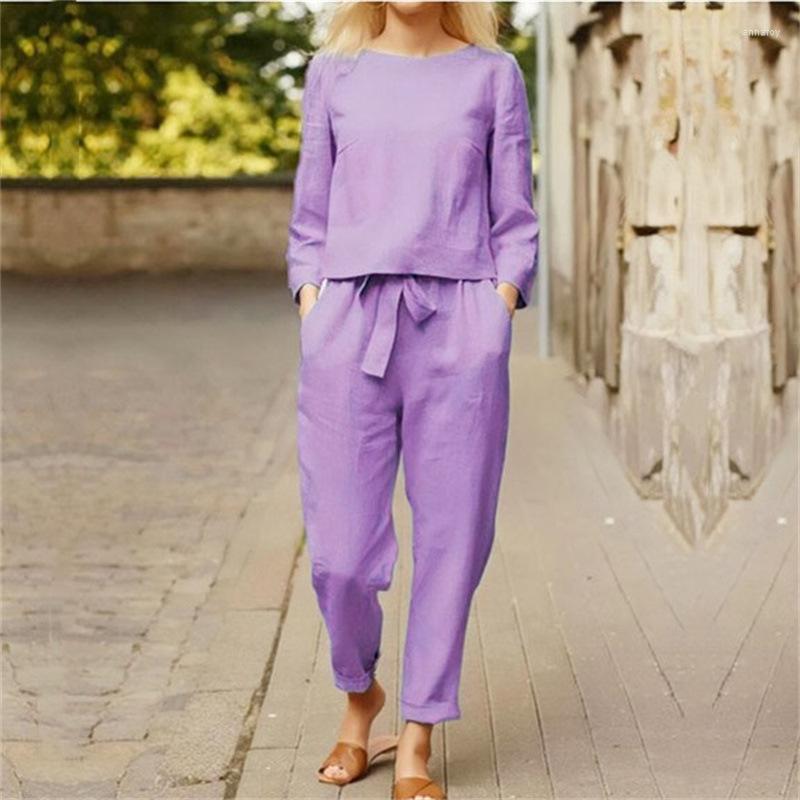 Womens Two Piece Pants Women Autumn Cotton Linen Suit Elegant Casual Solid O Neck Long Sleeve Set Vintage Pocket Harajuku Loose Suits