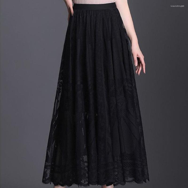 Black Vintage Tulle Skirt For Women, Summer High Waist Mesh Pleated Elegant A-E Office Ladies Skirt, Elastic Waist, Polyester, Hollow Out, Casual Styl