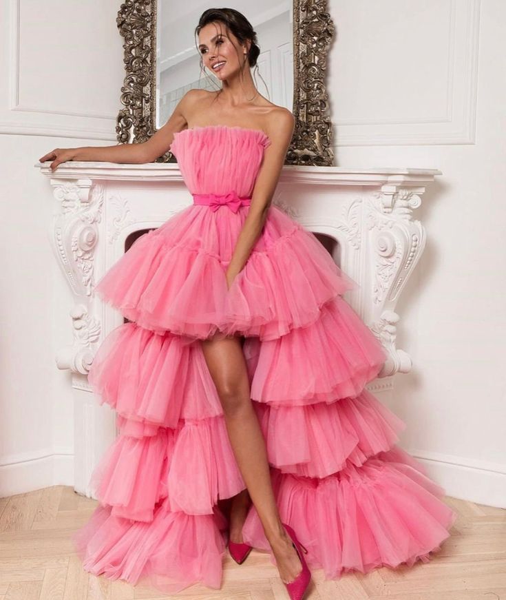 Modern Pink High Low Prom Dresses Tiers Tulle Skirt Strapless Sleeveless Special Occasion Gowns Short Front Long Back A Line Evening Dress For Women 2