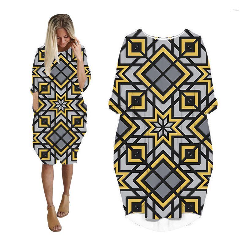 Casual Dresses For Women Geometric Plus Size Long Sleeve Fashion Grunge Woman Clothes Streetwear Oversized Ladies Clothing Female Dress