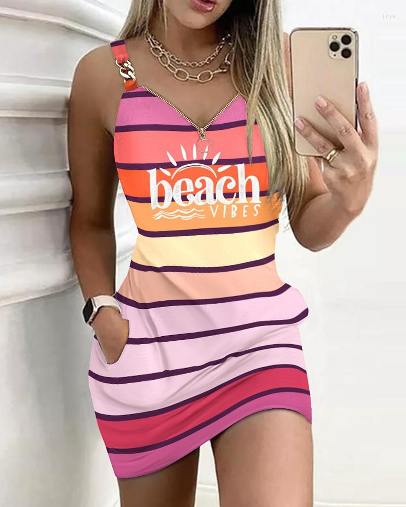 Casual Dresses Fashion Print Sexy Zipper V-Neck Sleeveless Pocket Design Mini Camisole Dress Spicy Women Party Vest Streetwear