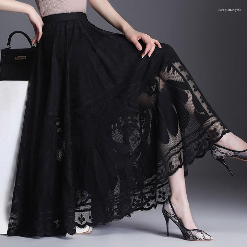 Black Vintage Tulle Skirt For Women, Summer High Waist Mesh Pleated Elegant A-E Office Ladies Skirt, Elastic Waist, Polyester, Hollow Out, Casual Styl