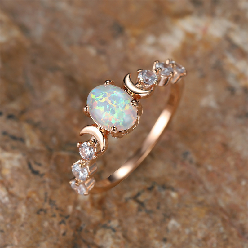 Wedding Rings Rainbow White Fire Opal Ring Silver Rose Gold Color Small Moon Rings For Women Wedding Bands Oval Stone Engagement Ring Jewelry 230706