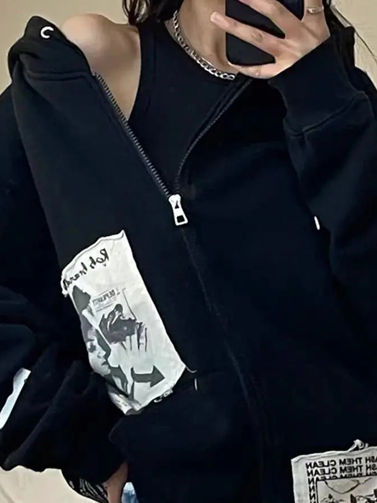 Womens Hoodies Sweatshirts street brown graffiti print zip vintage tops hoodie sweatshirts hoodies kawaii Blouse grunge y2k Clothes Autumn jackets 230