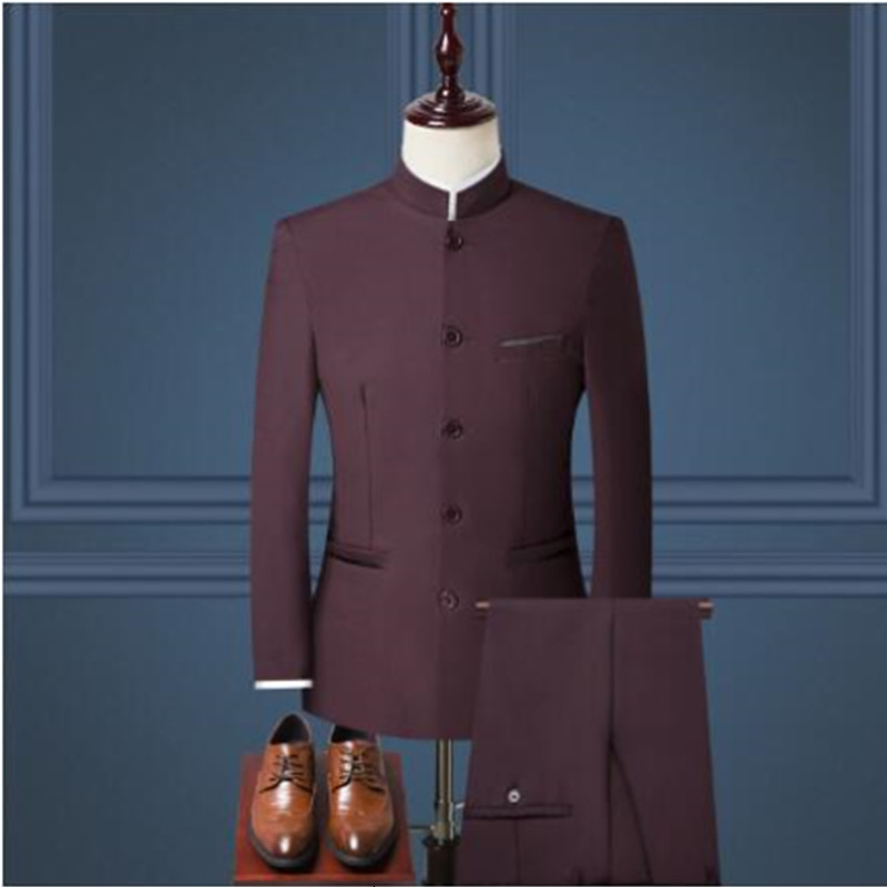 Men's Suits Blazers Burgundy Chinese Style Stand Collar Slim Fit Male Zhong Shan Blazer Vest Pants Groom Tuxedos Costume Homme Business 3PCS 2307