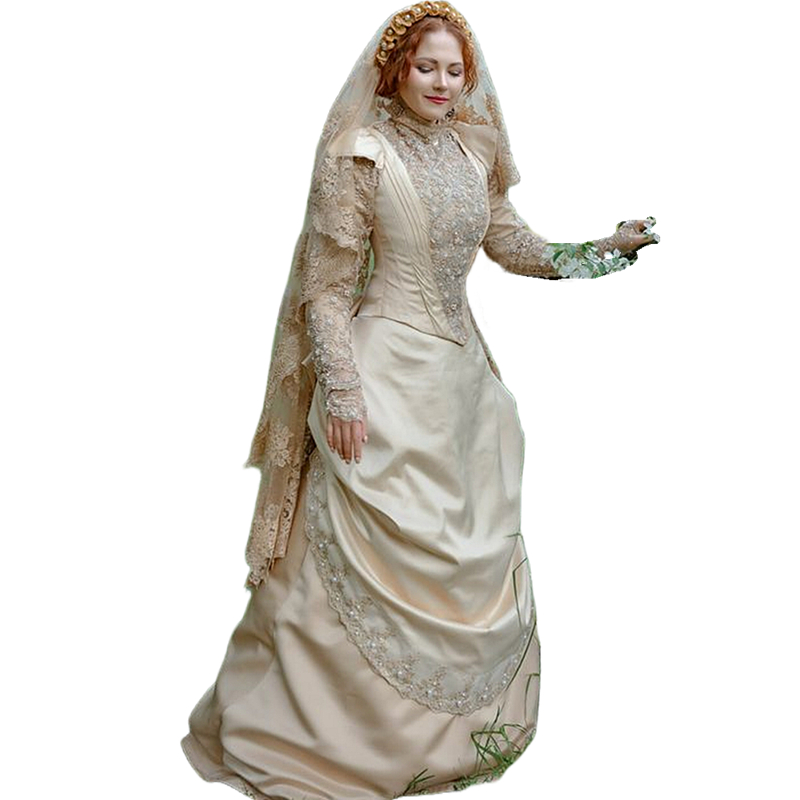 Vintage Victorian Gold Wedding Dresses Long Sleeves High Neck A Line Satin Bridal Gowns Lace Appliques Modest Muslim Bride Wear 2023