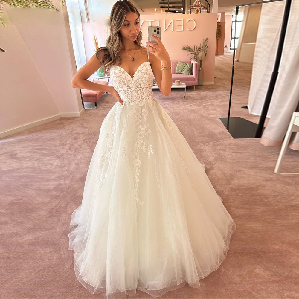 Ivory Spaghetti Strap A Line Wedding Dresses Lace Appliques Pleat Bridal Gown Layered Tulle Sexy Vestiod De Mariee 326 Ppliques Ppliques Ppliques ppli