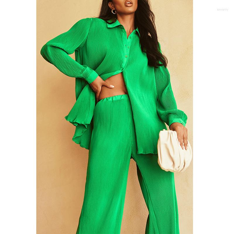 Womens Two Piece Pants 2023 Sexy Pleated Loose Casual Flared Suit Cardigan Shirts Multicolor 2 Sets Womens Outfits