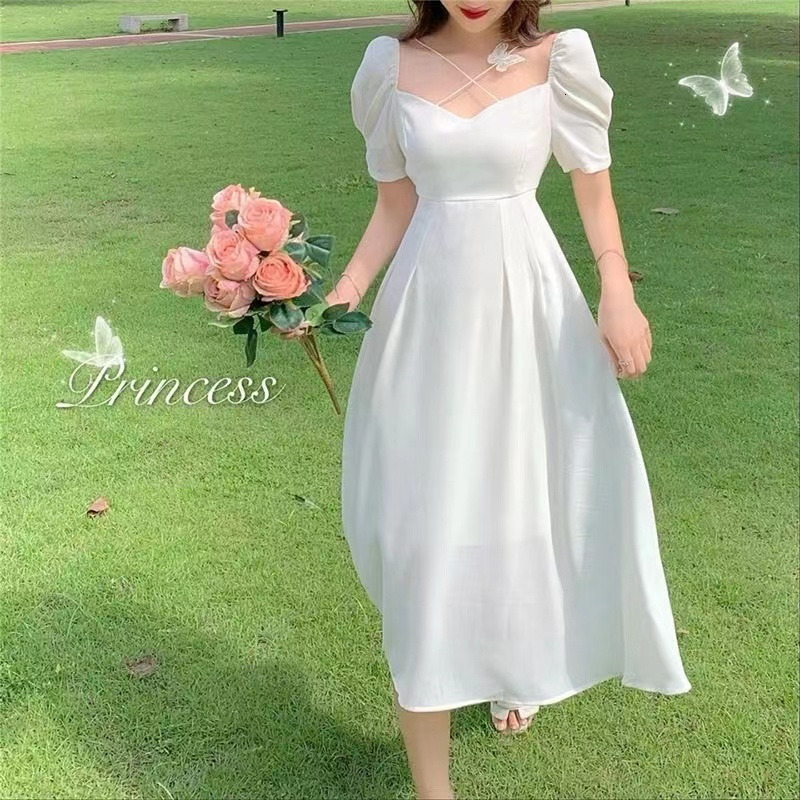 Urban Sexy Dresses Summer Square Neck A-line Chiffon White Dress Women Casual Slim Puff Sleeve Dating Dress Fashion Solid Holiday Fairy Dress 27696 23
