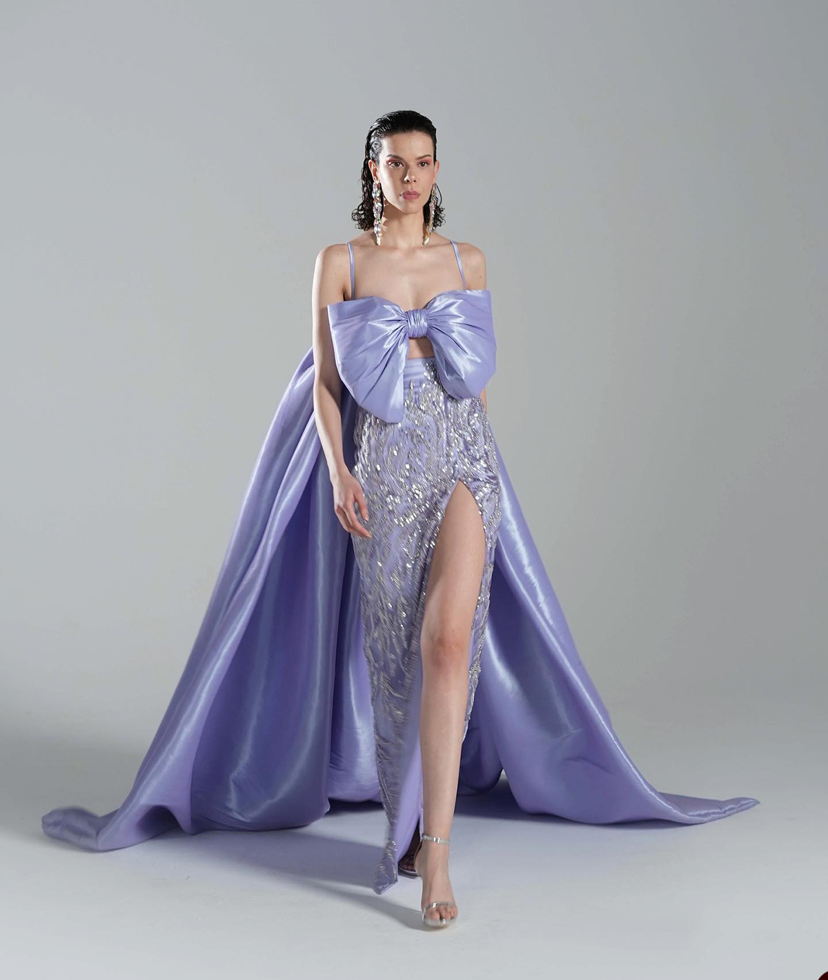 Graceful Spaghetti Straps Mermaid Evening Dresses Sexy Big Bow Prom Dress With Cloak Side Split Floor Length Formal Party Gowns