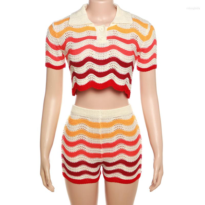 Womens Tracksuits Women Wave Print 2 Piece Set Colorful Knit Stretch Thin Button Crop Tops Shorts Matching Tracksuit Streetwear Outfits