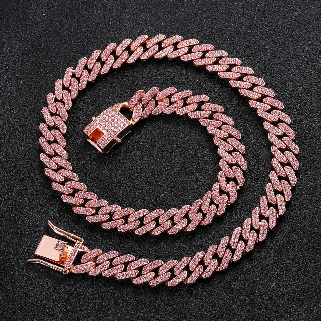 Necklace Hip Hop 12mm Bar Cuban Link Chain Necklace for Men and Women Rose Gold Plated Full Diamond Alloy Shiny Rhinestone Iced Out Wolf Tide Miami Ra