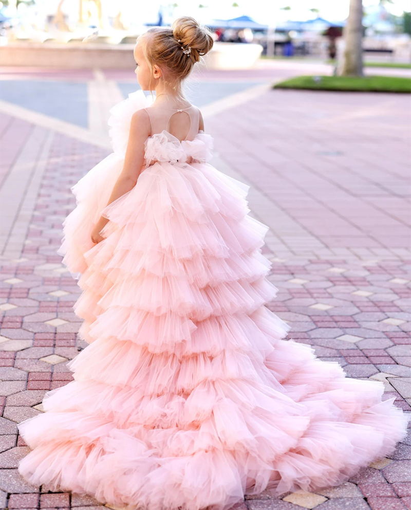 Lovely Pink High Low Girls Pageant Dresses O Neck Ruffles Tiere Kids Prom Party Gown Black Bow Tie Belt Layered Kids Celebrity Dress
