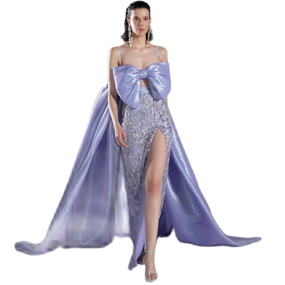 Graceful Spaghetti Straps Mermaid Evening Dresses Sexy Big Bow Prom Dress With Cloak Side Split Floor Length Formal Party Gowns