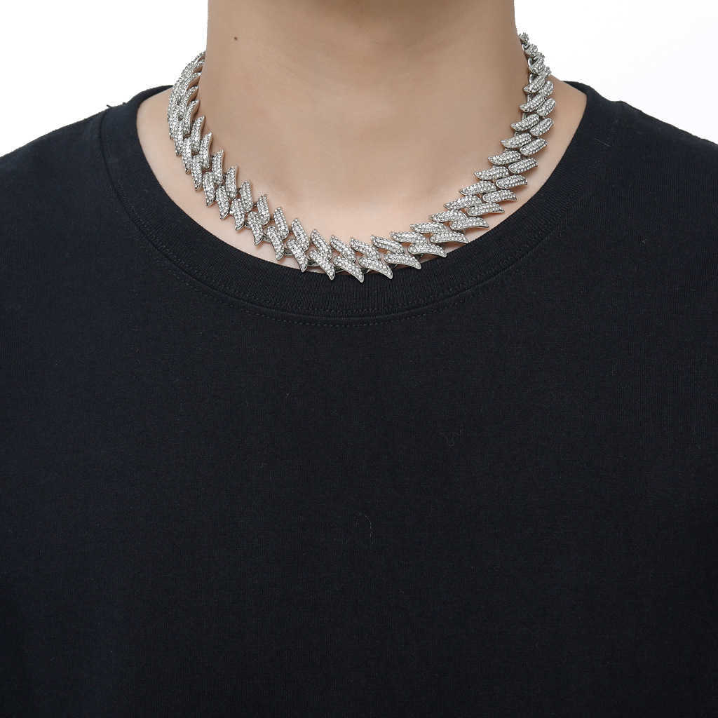 Gzw Jewelry Men's Cuban Link chain Necklace Hip Hop Thorn Cube 19mm Rhinestone Bling Spiked Cz Stone Crystal 18K Gold Iced Out Curb Chains Colar 