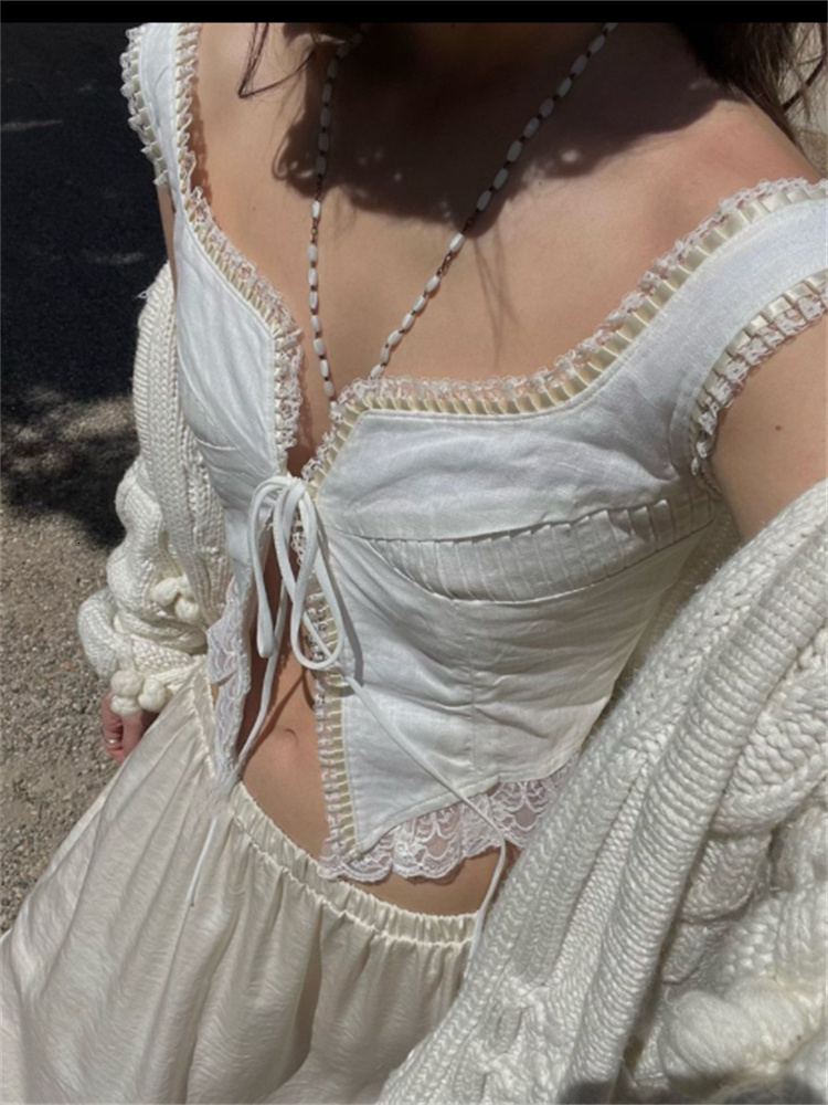 Women's Tanks Camis CHRONSTYLE y2k Women Floral Lace Patchwork Vest Top Sleeveless Low-Cut Tie-Up Chest Vintage Summer Camis Irregular Hem Tank 2