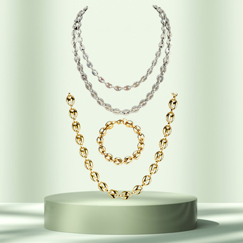 Men039s Necklaces Coffee Beans Chain Bracelets Set Stainless Steel 11CM Gold Silver Link Chains Hiphop Jewelry300l