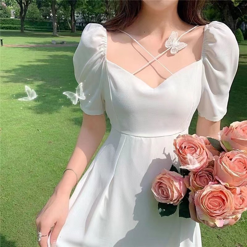Urban Sexy Dresses Summer Square Neck A-line Chiffon White Dress Women Casual Slim Puff Sleeve Dating Dress Fashion Solid Holiday Fairy Dress 27696 23
