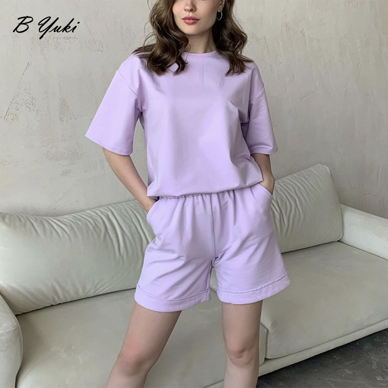 Women's Two Piece Pants Blessyuki Summer 100% Cotton Sets Women Casual Loose Two Pieces Short Sleeve T Shirts and High Waist Short Pants Suits 23