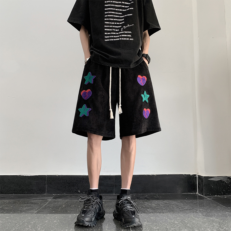 Men's Shorts American High Street Summer Y2k Versatile Shorts Mens Ins Red Heart Print Loose Straight Joggers Short Pants Streetwear 230706
