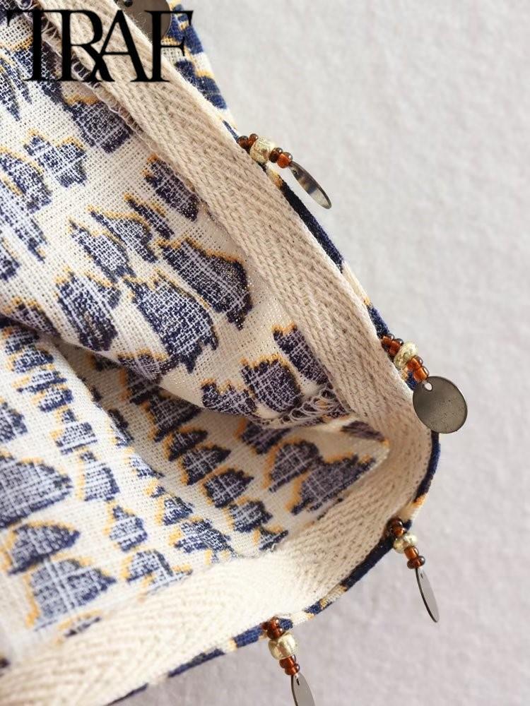 Skirts TRAF Summer Vintage Printed Women Mini Skirt Tassels Hem A-Line Zipper Back High Waisted Female Wrap Tied Side Skirt 230707