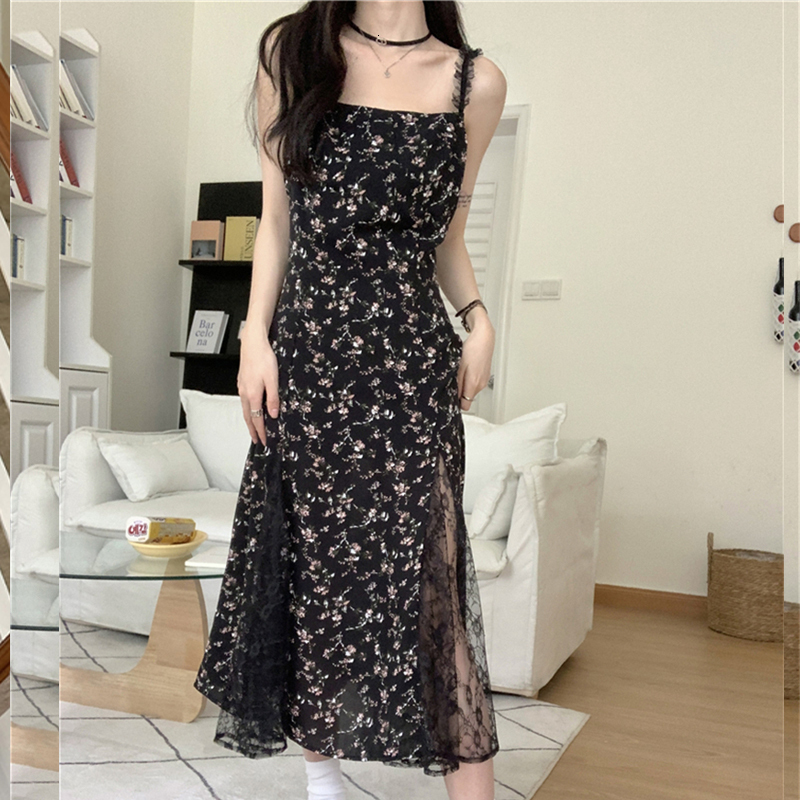 Urban Sexy Dresses Vintage Y2k Black Floral Dress Women Korean Style Mesh Irregular Spliced Hollow Lace Long Dress Summer Chiffon Fairy Dress 27729 23