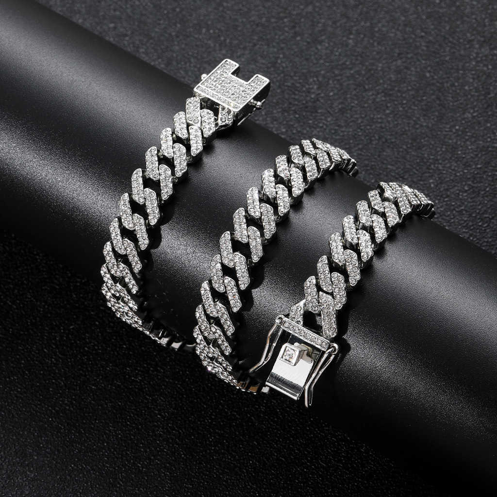 Necklace Hip Hop 12mm Bar Cuban Link Chain Necklace for Men and Women Rose Gold Plated Full Diamond Alloy Shiny Rhinestone Iced Out Wolf Tide Miami Ra