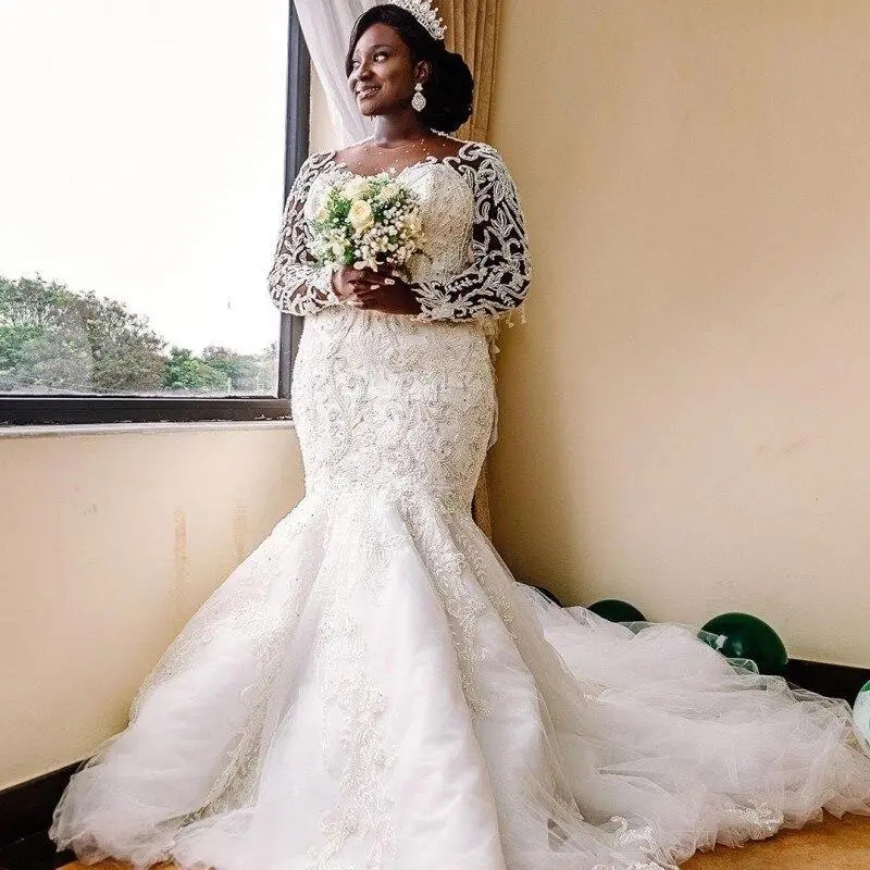 Chic Mermaid Wedding Dresses Pearl Long Sleeves African Appliqued Lace Bridal Gowns Arabic Design Custom Made Vestidos De Novia 322
