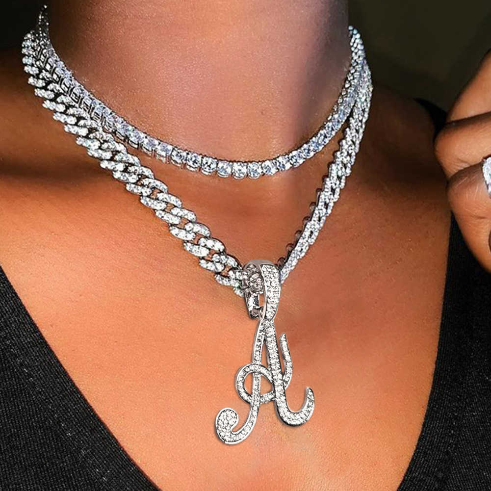 Charms Bling Iced Out Chain Crystal Cursive Initials Pendant Necklace for Women Cuban Choker Stainless Steel Zircon Jewelry 230613