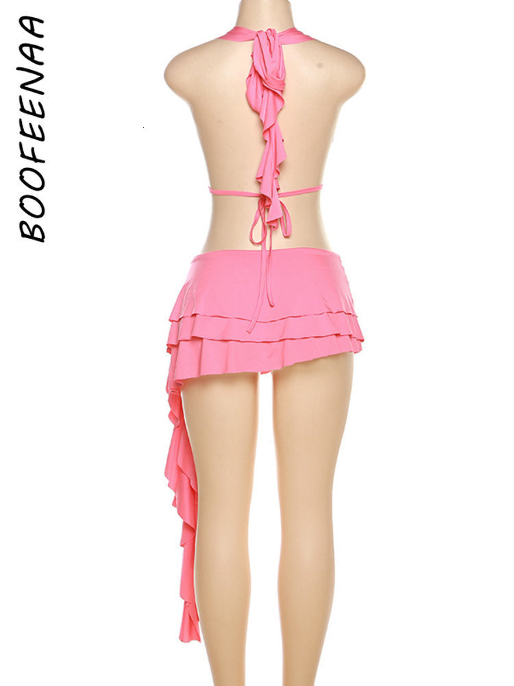 Urban Sexy Dresses BOOFEENAA Pink Asymmetrical Ruffle Halter Mini Dresses Sexy Women Summer Dress Y2k Rave Festival Outfits Women C96-CF32 230706