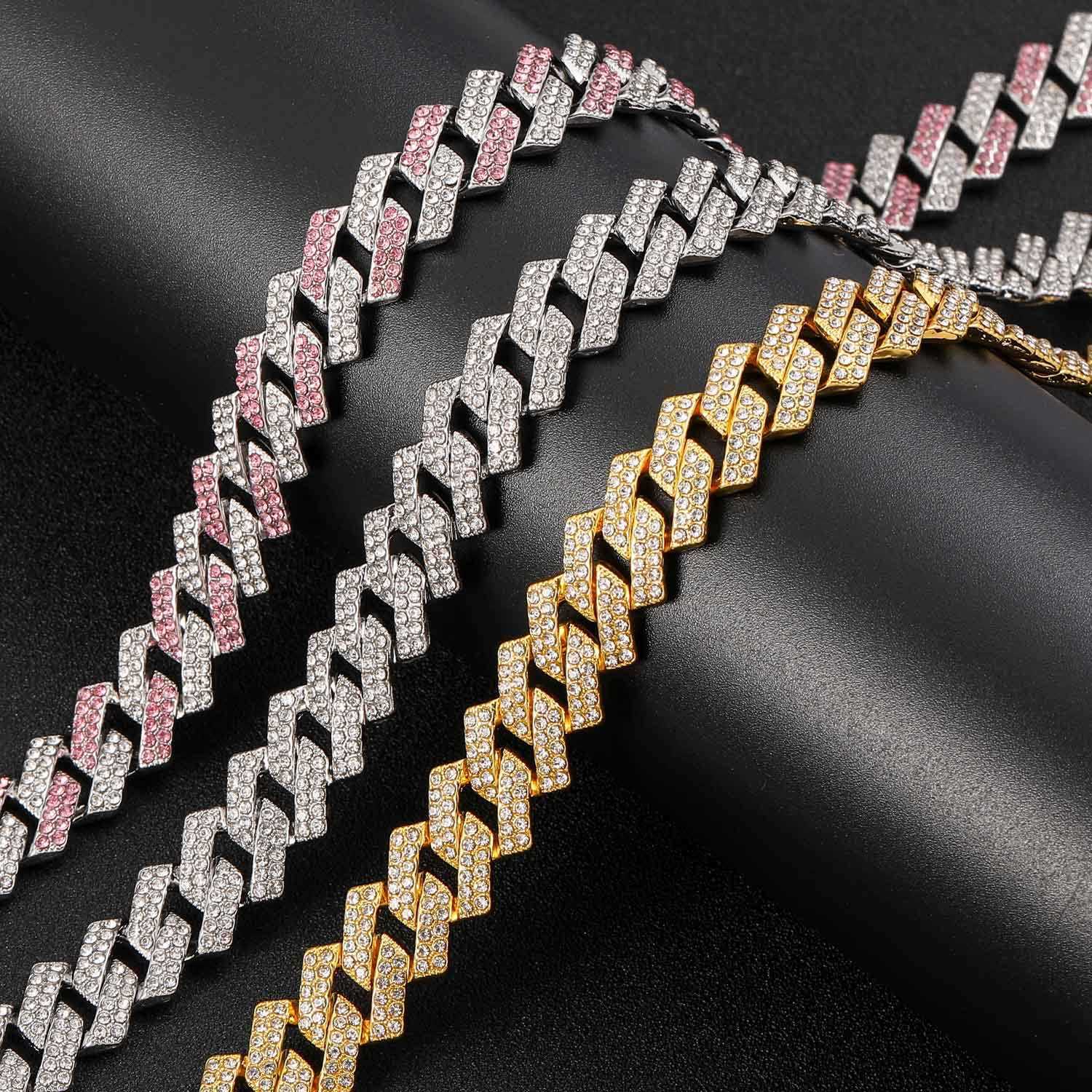 14mm Diamond Cuban Link Chain Bracelet / Necklace Popular Wolf Tide Jewelry Men's Pink Rhinestone Full Hip Hop 18K Gold Plated Bling Miami Curb C