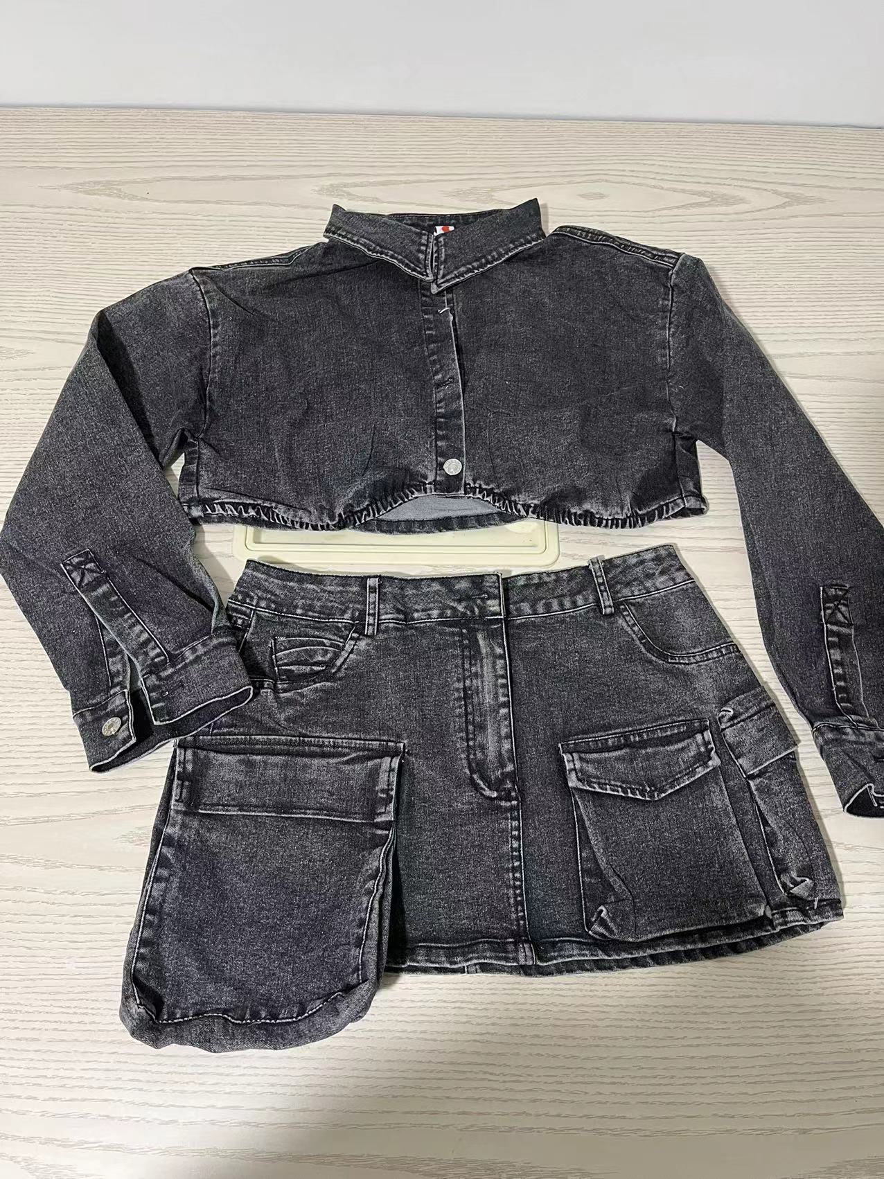 Two Piece Dress PREPOMP 2023 Spring Turn Down Collar Long Sleeve Short Grey Denim Jacket Double Pockets Mini Skirt Set Outfits GH318 230707