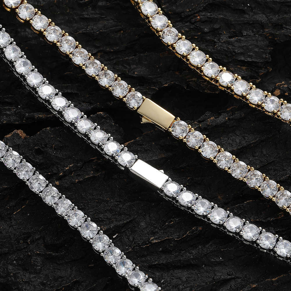 3mm 4mm 5mm Hip Hop Cubic Zircon Single Row Necklace Smooth Spring Buckle Tennis Chains White Gold Bling Cz stone Chain Wolf Tide Rapper Jewelry Bijou