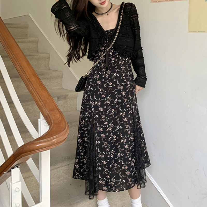 Urban Sexy Dresses Vintage Y2k Black Floral Dress Women Korean Style Mesh Irregular Spliced Hollow Lace Long Dress Summer Chiffon Fairy Dress 27729 23