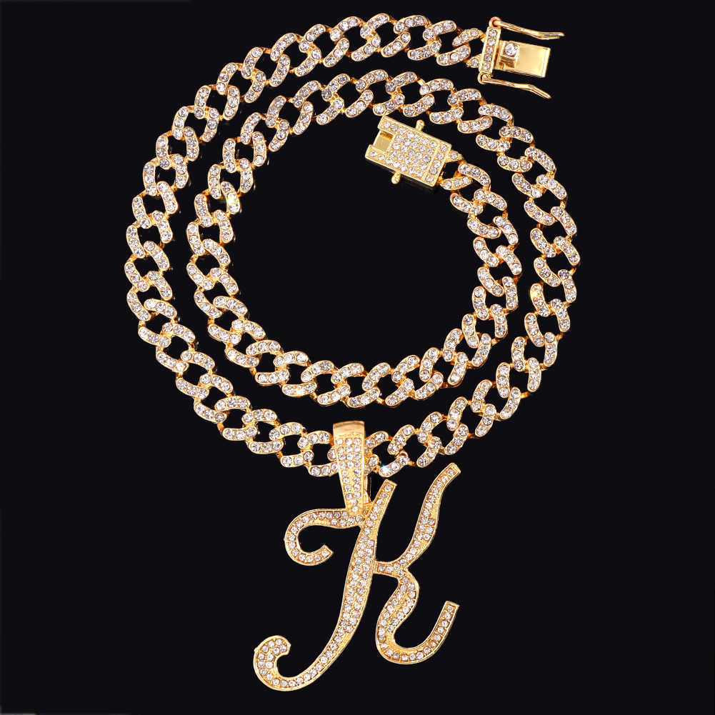 Charms Bling Iced Out Chain Crystal Cursive Initials Pendant Necklace for Women Cuban Choker Stainless Steel Zircon Jewelry 230613