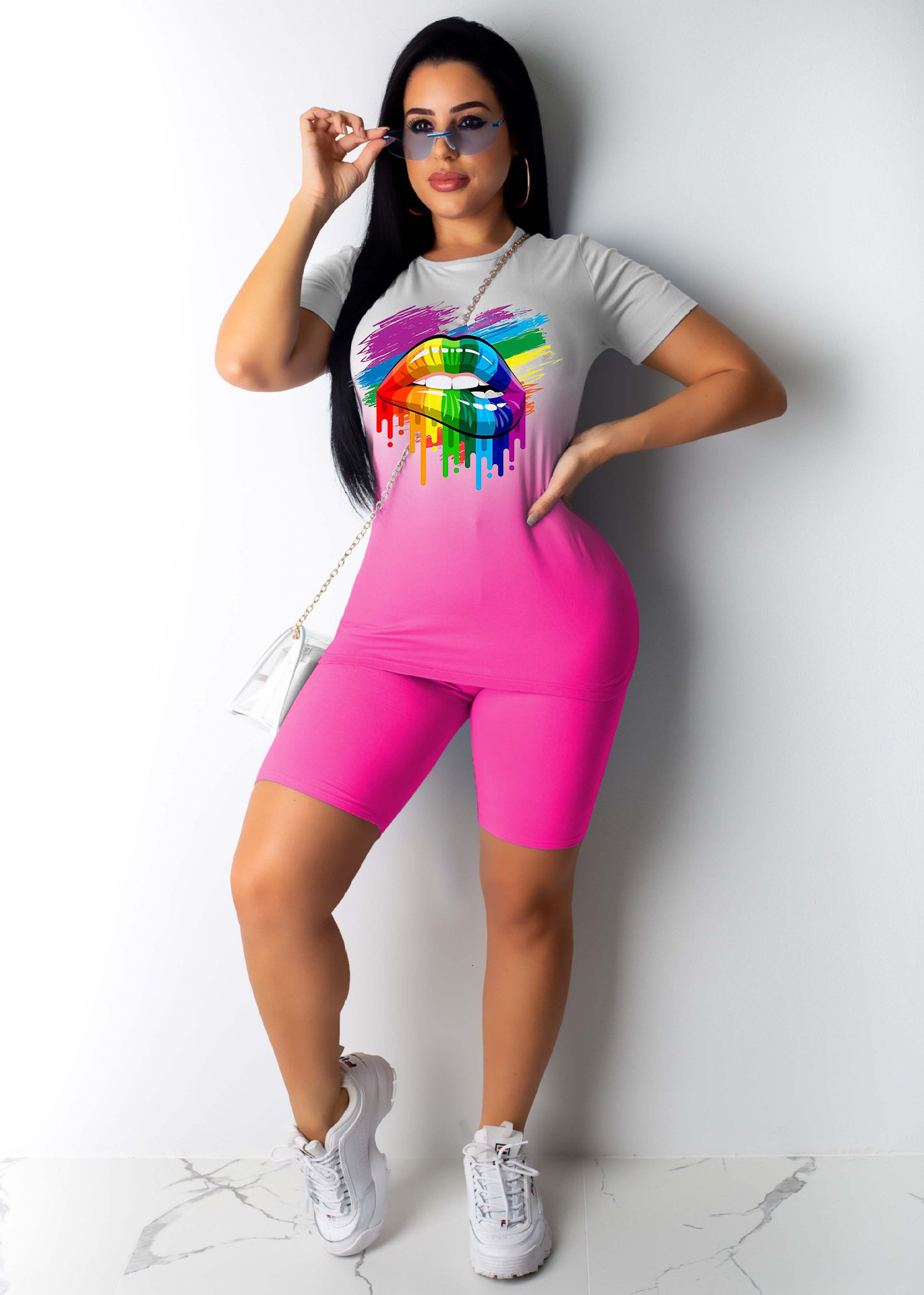 Women's Two Piece Pants Summer Gradient Sports Suits Women Sets Casual Lips Print Short Sleeve TopsShorts Female 2Pcs/Sets Tracksuits Workout Clo