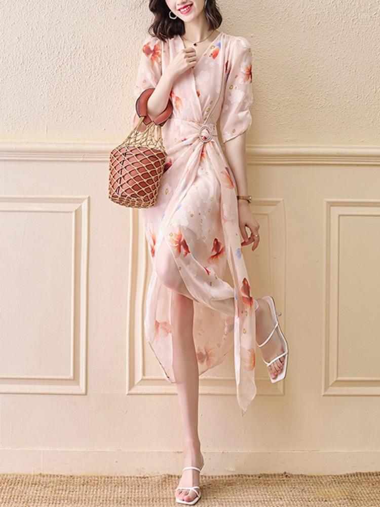 Casual Dresses 2024 Womens Dress French Floral Chiffon Summer Style V-neck Pink Waist Printed Long Skirt Pleated Fashion Slim Vestidos