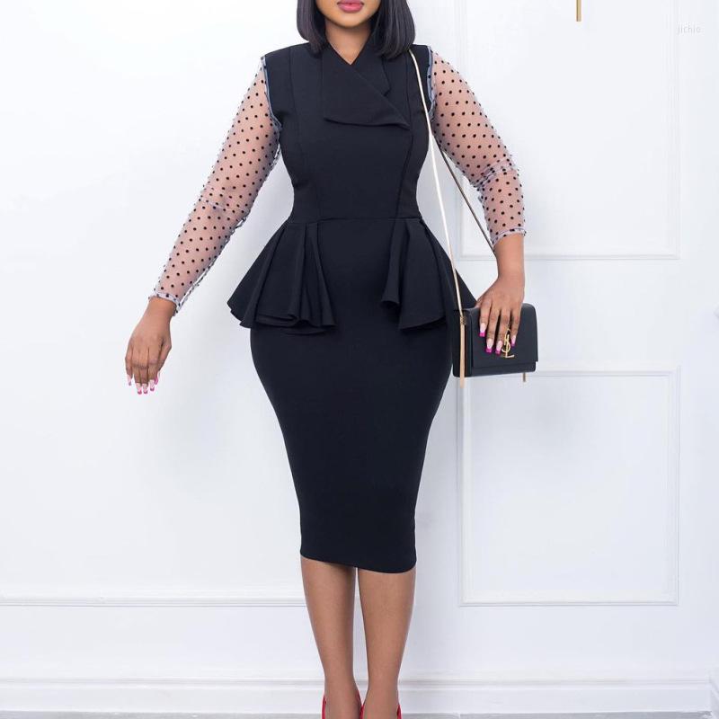 Casual Dresses 2024 Temperament Tongle Regular Sleeve Mesh Splice V-neck Ruffle Pencil Skirt Zipper Style Urban Elegant