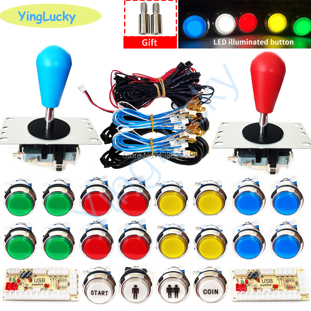 Game Controllers Joysticks DIY Joysticks Arcade Kit 2 Players USB Encoder with SANWA Joystick LED Silver-plated Button for PC to Raspberry Pi MAME 230