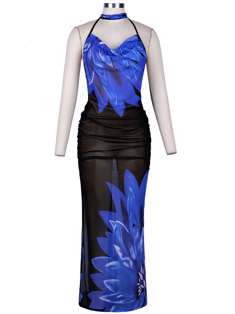 Urban Sexy Dresses Summer Backless Maxi Dress for Women Sexy Mesh Printed See Through Slim Beach Dress Blue Long Club Party Vacation Outfits 230706